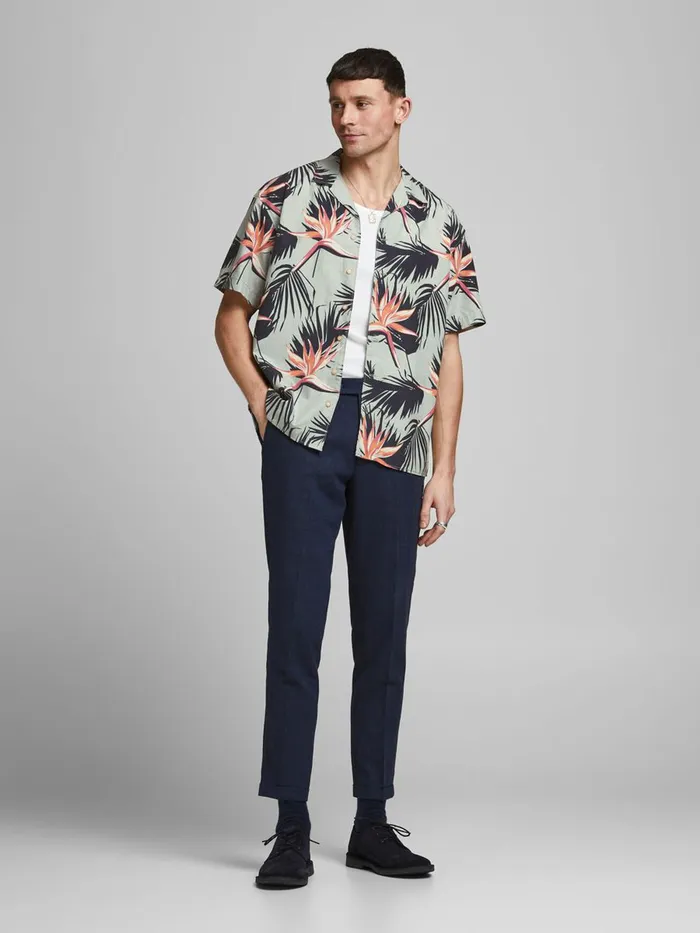 Shirts JACK and JONES Mens CUBAN COLLAR RELAXED FIT SHORT SLEEVED SHIRT Green Sea Spray Cheap On Sale