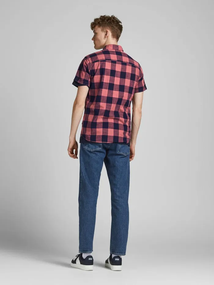Shirts JACK and JONES Mens GINGHAM CHECK SHORT SLEEVED SHIRT Red Slate Rose Cheap On Sale