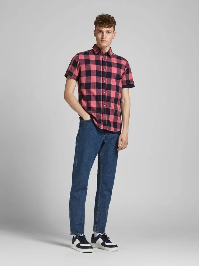 Shirts JACK and JONES Mens GINGHAM CHECK SHORT SLEEVED SHIRT Red Slate Rose Cheap On Sale