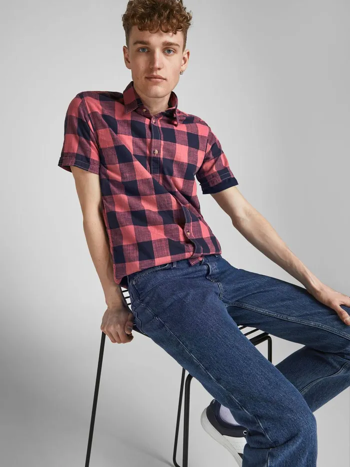 Shirts JACK and JONES Mens GINGHAM CHECK SHORT SLEEVED SHIRT Red Slate Rose Cheap On Sale