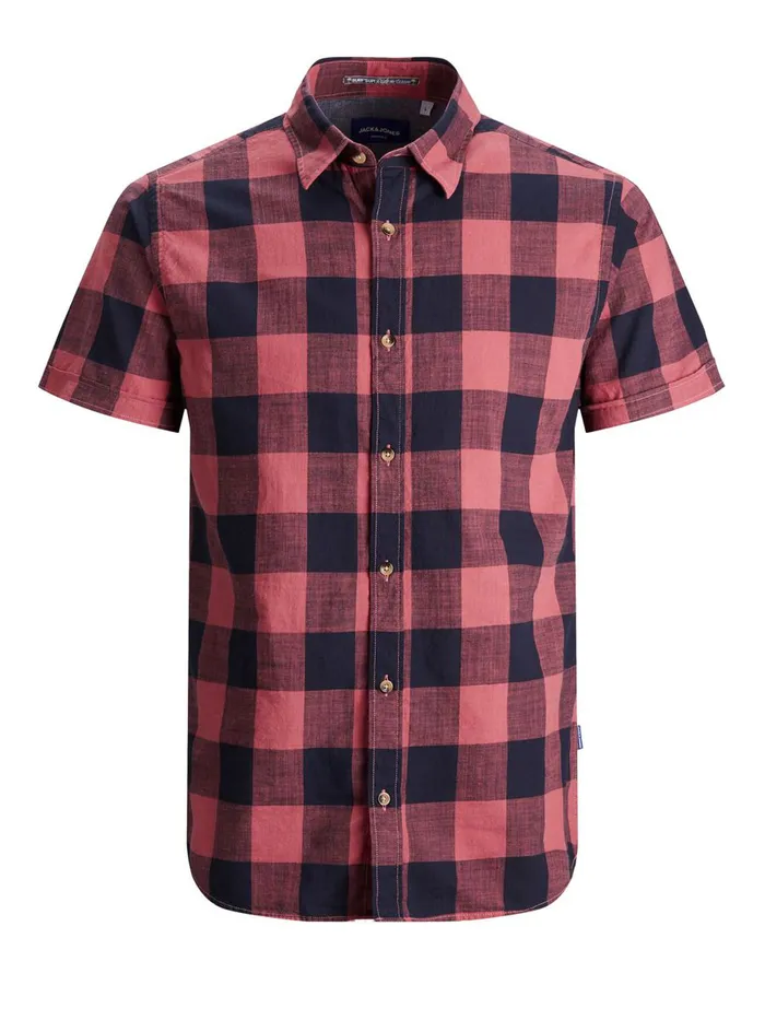 Shirts JACK and JONES Mens GINGHAM CHECK SHORT SLEEVED SHIRT Red Slate Rose Cheap On Sale
