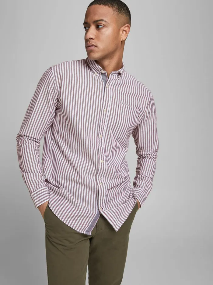 Shirts JACK and JONES Mens OXFORD STRIPED SHIRT Pink Vineyard Wine On Sale