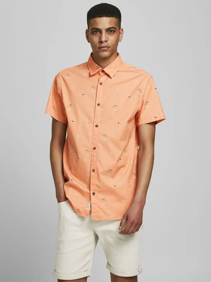 Shirts JACK and JONES Mens POPLIN MULTI ICONS SHORT SLEEVED SHIRT Pastel Shell Coral On Sale Shirts JACK and JONES Mens POPLIN MULTI ICONS SHORT SLEEVED SHIRT Pastel Shell Coral On Sale