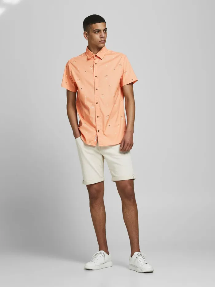Shirts JACK and JONES Mens POPLIN MULTI ICONS SHORT SLEEVED SHIRT Pastel Shell Coral On Sale