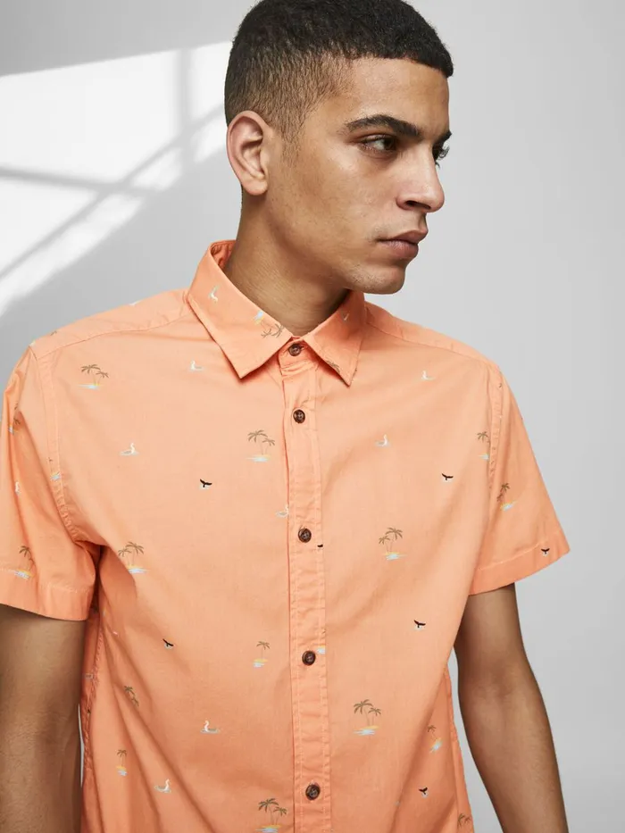 Shirts JACK and JONES Mens POPLIN MULTI ICONS SHORT SLEEVED SHIRT Pastel Shell Coral On Sale