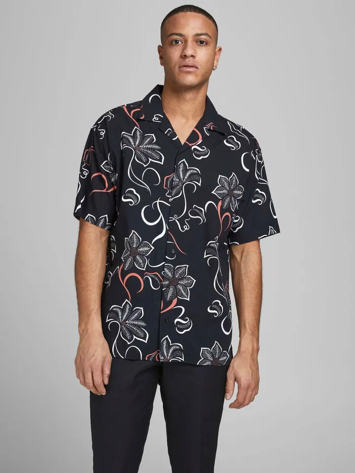 Shirts JACK and JONES Mens POPLIN RESORT SHORT SLEEVED SHIRT Black Black Gift for Friend