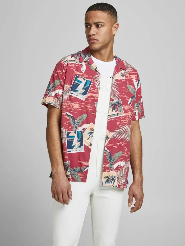 Shirts JACK and JONES Mens TROPICAL PRINT SHORT SLEEVED SHIRT Pink Slate Rose On Sale Shirts JACK and JONES Mens TROPICAL PRINT SHORT SLEEVED SHIRT Pink Slate Rose On Sale