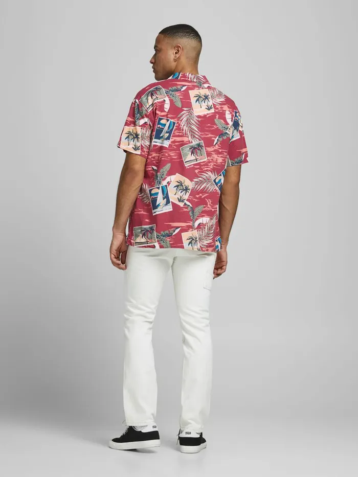 Shirts JACK and JONES Mens TROPICAL PRINT SHORT SLEEVED SHIRT Pink Slate Rose On Sale