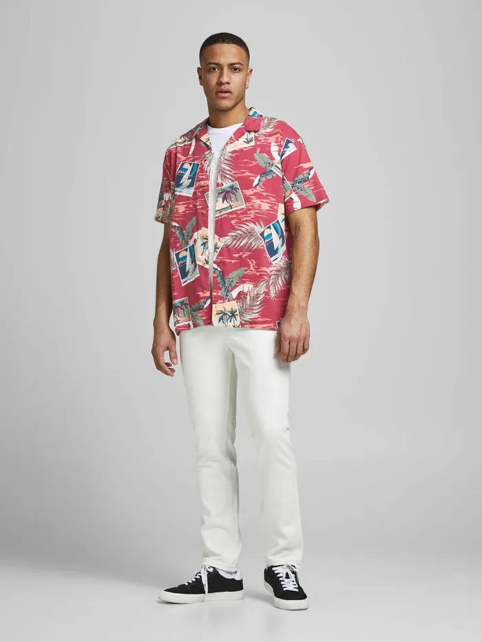 Shirts JACK and JONES Mens TROPICAL PRINT SHORT SLEEVED SHIRT Pink Slate Rose On Sale