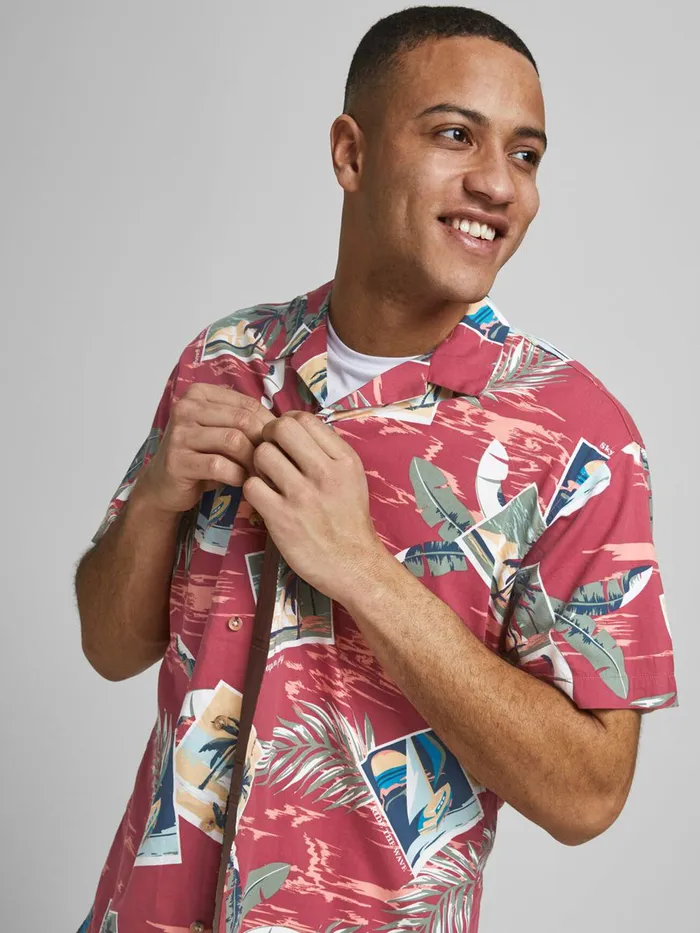 Shirts JACK and JONES Mens TROPICAL PRINT SHORT SLEEVED SHIRT Pink Slate Rose On Sale