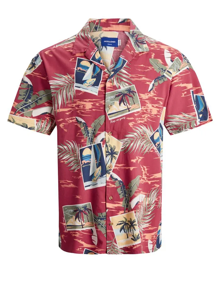 Shirts JACK and JONES Mens TROPICAL PRINT SHORT SLEEVED SHIRT Pink Slate Rose On Sale