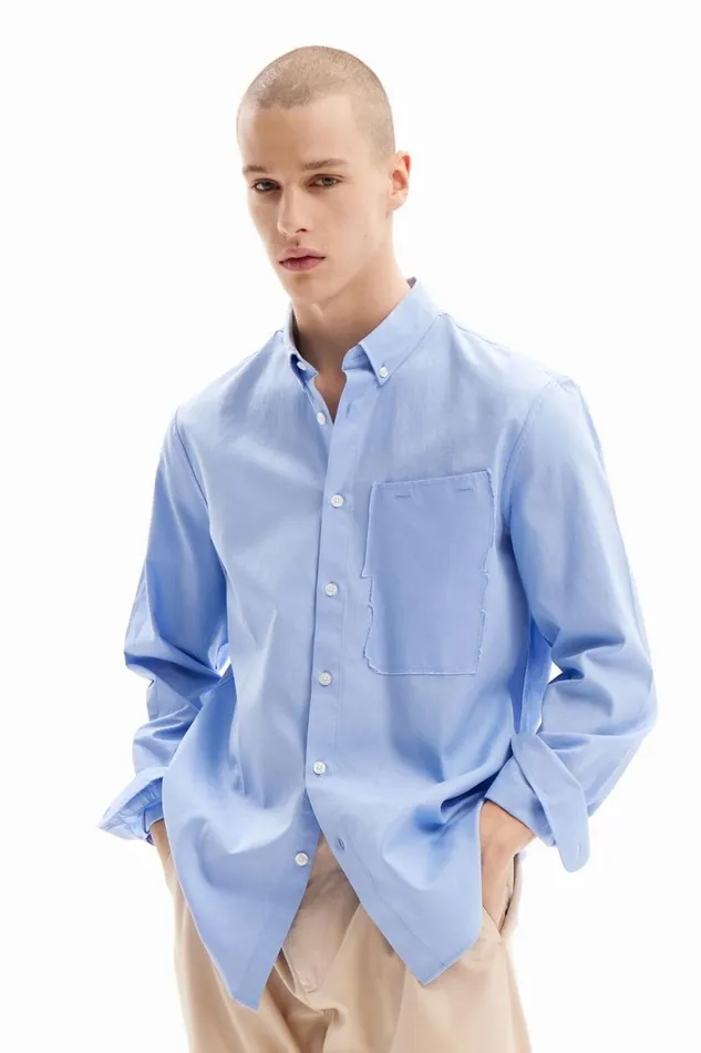 Shirts Men Desigual Patchwork Poplin Shirt Blue