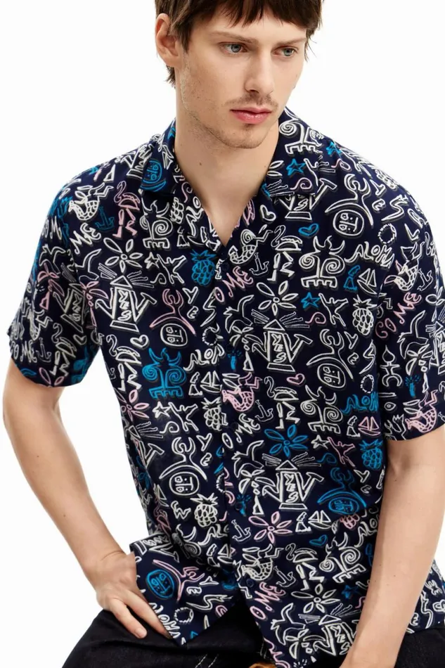 Shirts Men Desigual Shirt With Contrasting Illustrations Blue