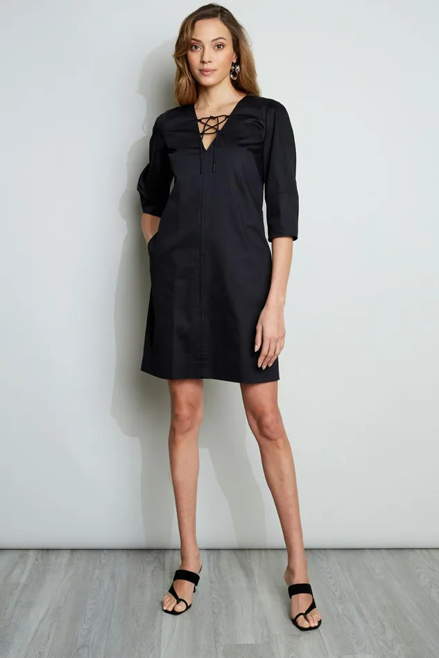 Short Sleeve Dresses Women Elie Tahari Tie Up Poplin Dress BLACK