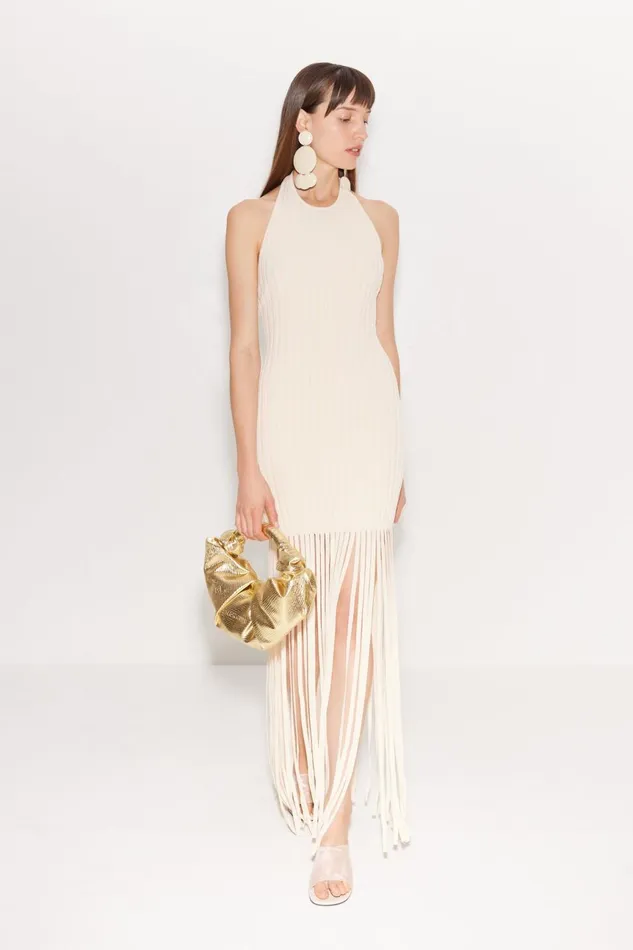 Simon Miller Dresses Women Junjo Fringe Knit Dress In Seashell
