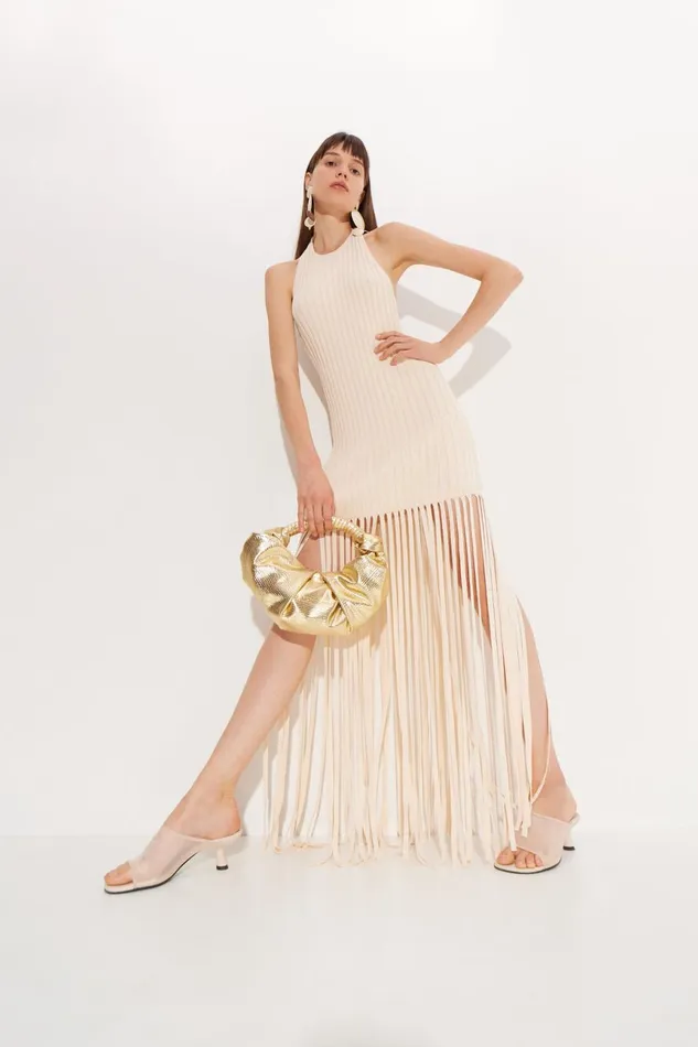 Simon Miller Dresses Women Junjo Fringe Knit Dress In Seashell Simon Miller Dresses Women Junjo Fringe Knit Dress In Seashell