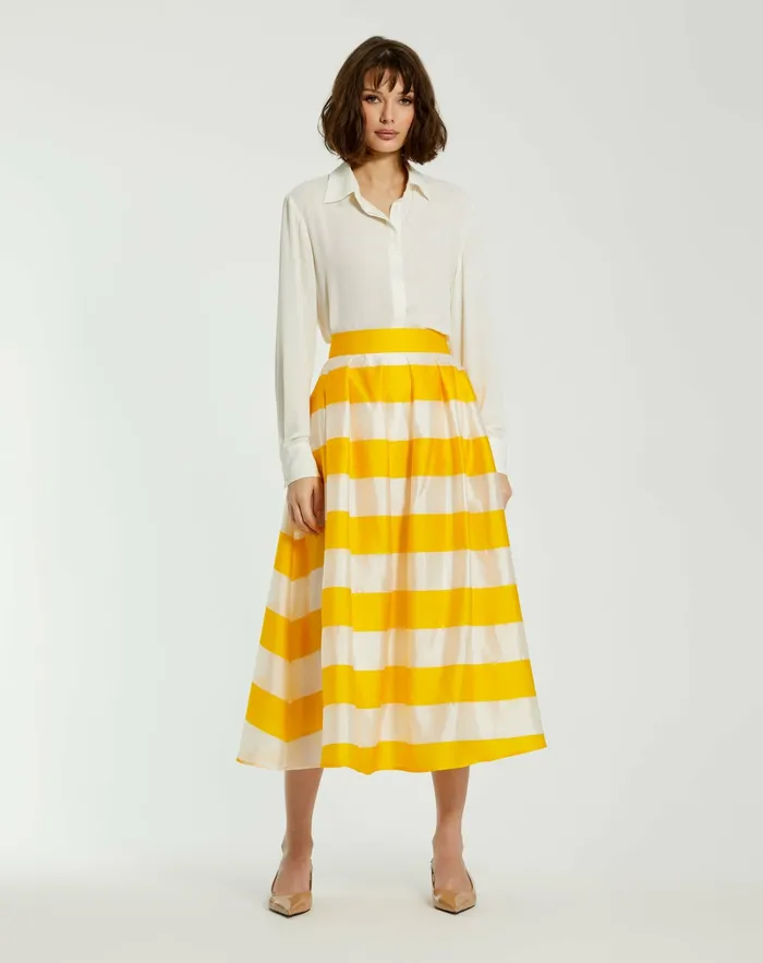 Skirts Women Mac Duggal Striped Organza High Waisted Midi Skirt 8211 FINAL SALE Sunshine