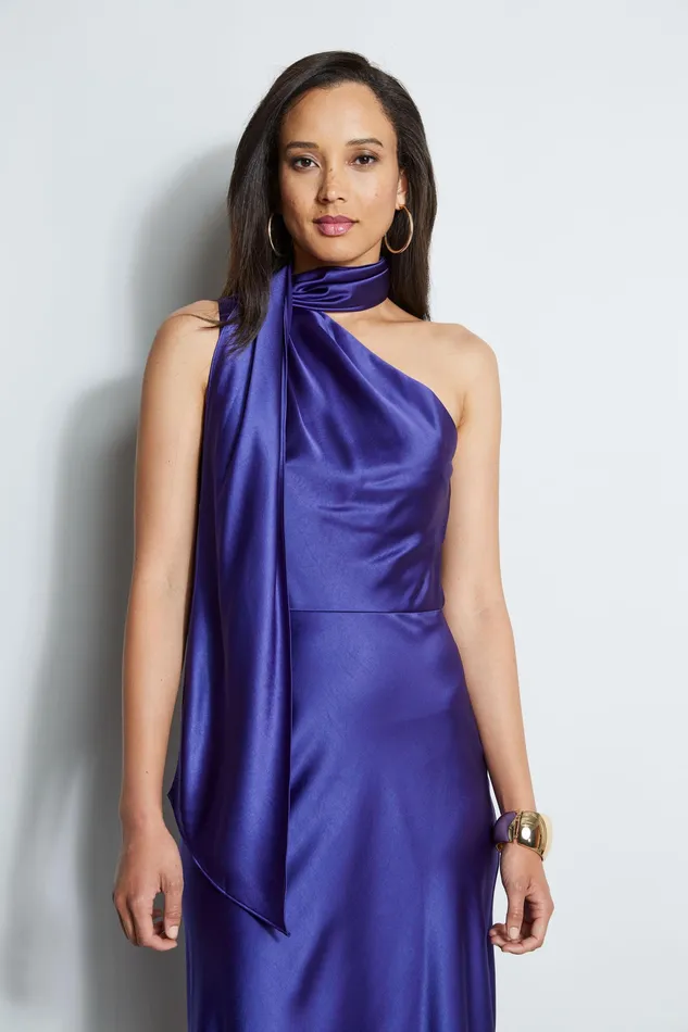 Sleeveless Dresses Women Elie Tahari One Shoulder Satin Scarf Dress PLUM