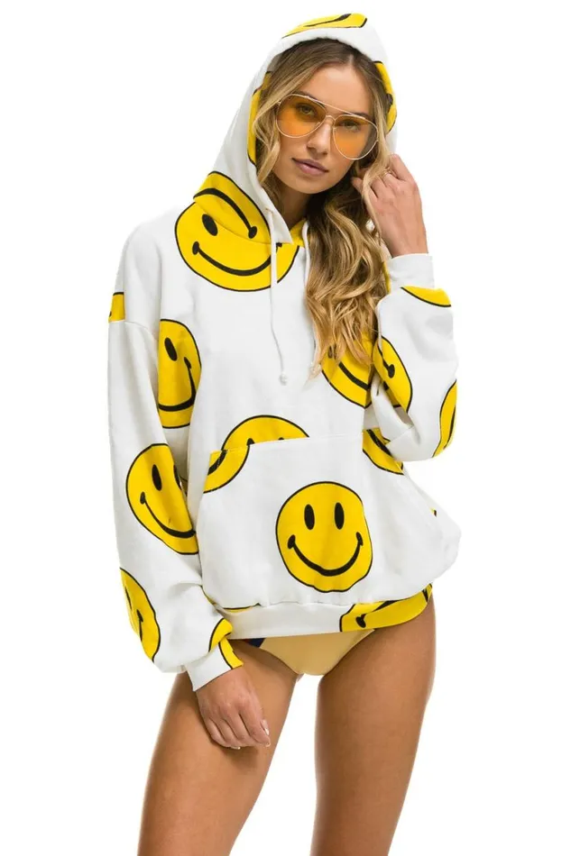 Smiley Repeat Relaxed Pullover Hoodie 8211 White WomenMen Aviator Nation Hoodies