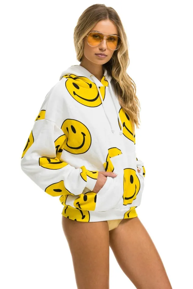 Smiley Repeat Relaxed Pullover Hoodie 8211 White WomenMen Aviator Nation Hoodies