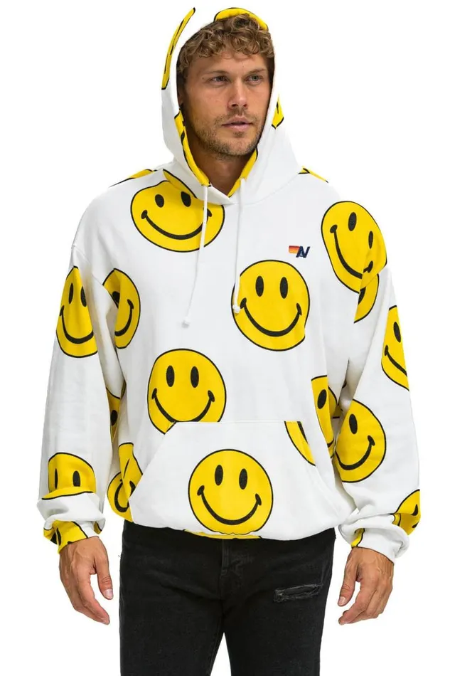 Smiley Repeat Relaxed Pullover Hoodie 8211 White WomenMen Aviator Nation Hoodies