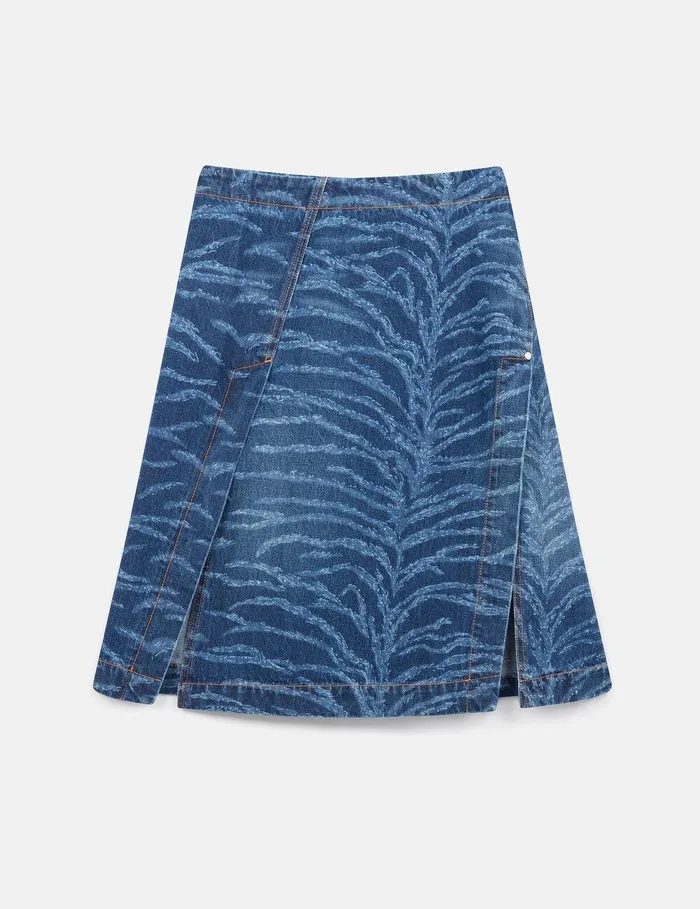 Stella McCartney Denim Women Tiger Pattern Asymmetric HighRise Midi Skirt Vintage Wash Blue Denim