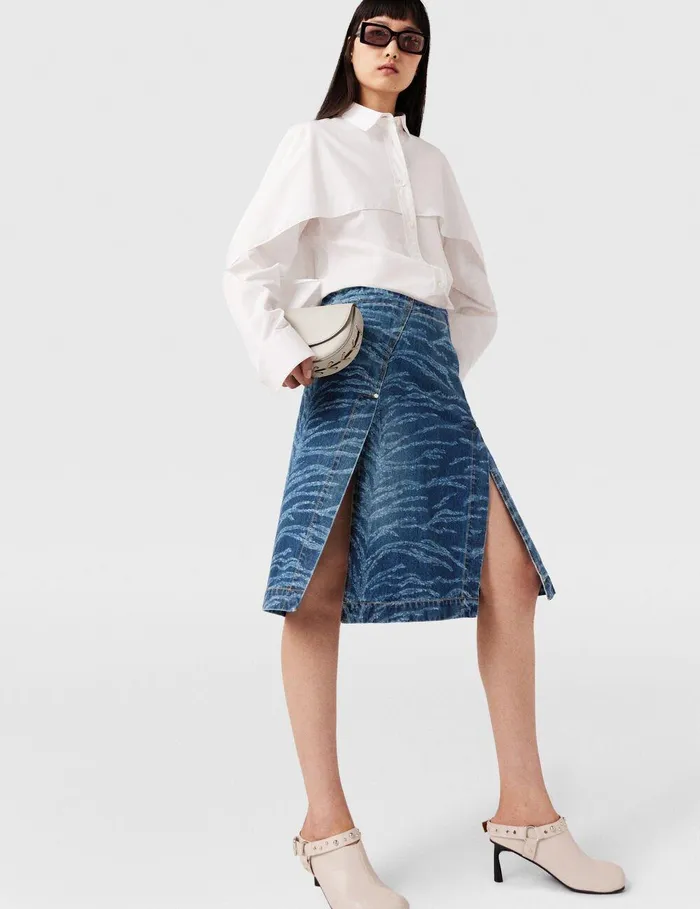 Stella McCartney Denim Women Tiger Pattern Asymmetric HighRise Midi Skirt Vintage Wash Blue Denim Stella McCartney Denim Women Tiger Pattern Asymmetric HighRise Midi Skirt Vintage Wash Blue Denim