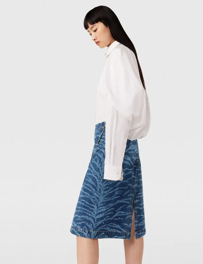 Stella McCartney Denim Women Tiger Pattern Asymmetric HighRise Midi Skirt Vintage Wash Blue Denim Stella McCartney Denim Women Tiger Pattern Asymmetric HighRise Midi Skirt Vintage Wash Blue Denim
