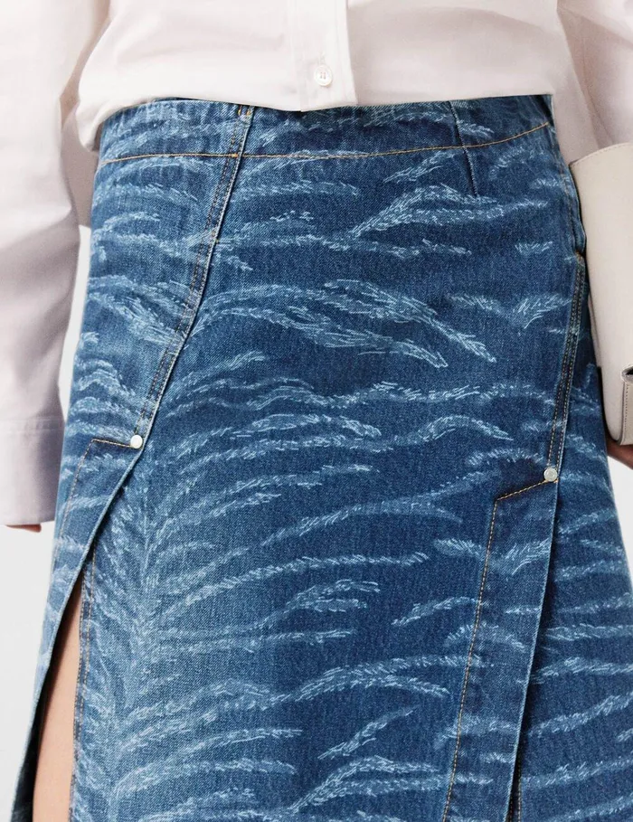 Stella McCartney Denim Women Tiger Pattern Asymmetric HighRise Midi Skirt Vintage Wash Blue Denim Stella McCartney Denim Women Tiger Pattern Asymmetric HighRise Midi Skirt Vintage Wash Blue Denim