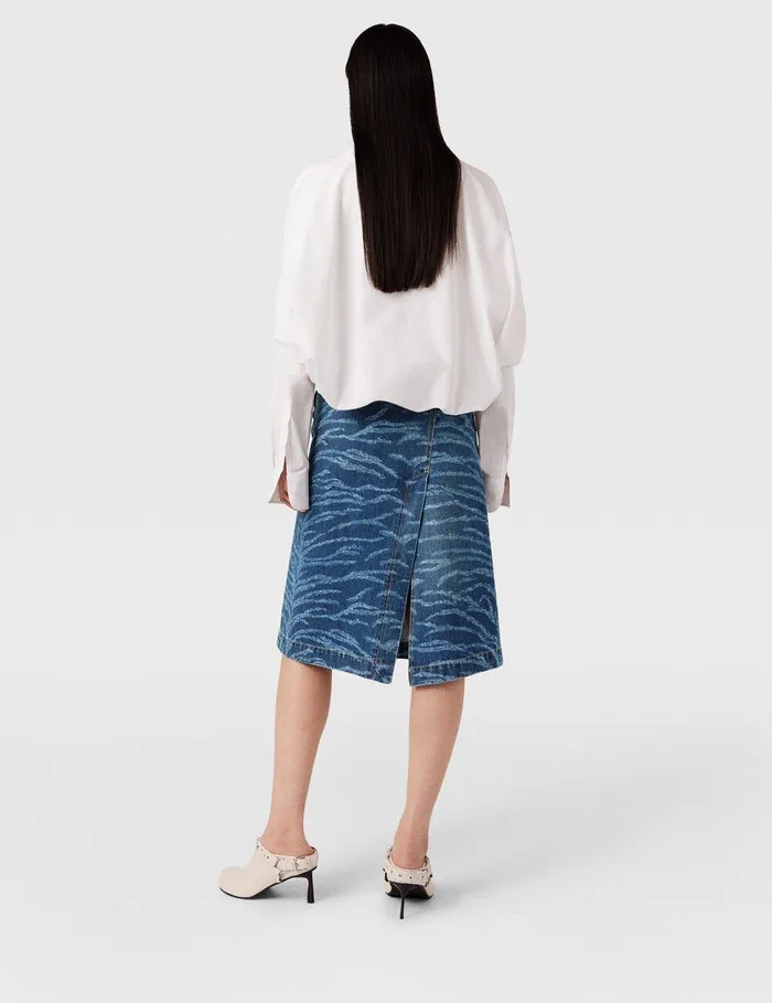 Stella McCartney Denim Women Tiger Pattern Asymmetric HighRise Midi Skirt Vintage Wash Blue Denim Stella McCartney Denim Women Tiger Pattern Asymmetric HighRise Midi Skirt Vintage Wash Blue Denim