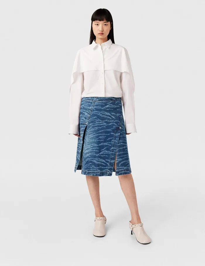 Stella McCartney Denim Women Tiger Pattern Asymmetric HighRise Midi Skirt Vintage Wash Blue Denim Stella McCartney Denim Women Tiger Pattern Asymmetric HighRise Midi Skirt Vintage Wash Blue Denim