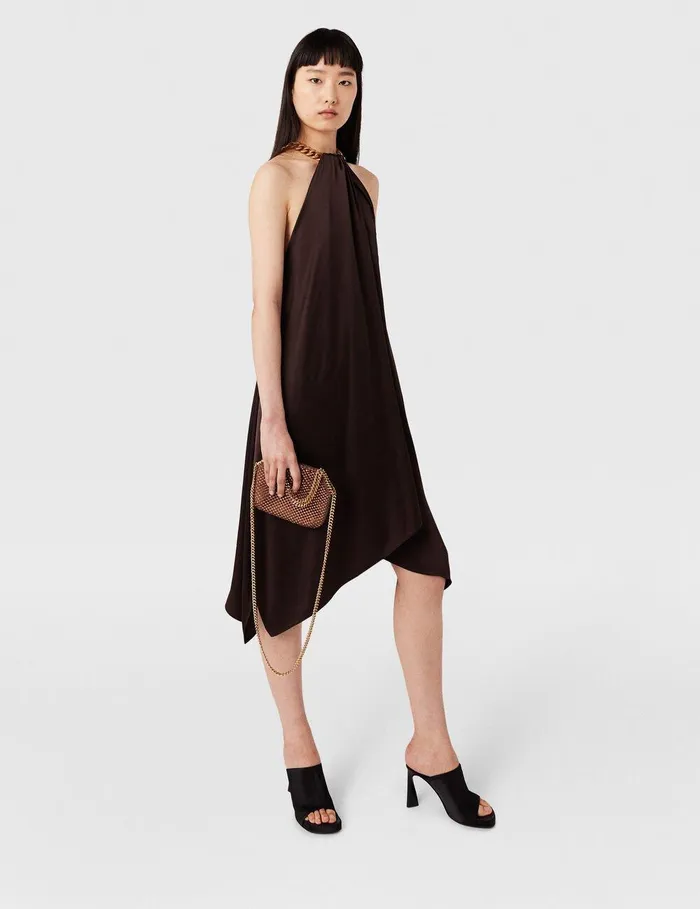 Stella McCartney Dresses Women Chain Halterneck Satin Midi Dress Chocolate Brown