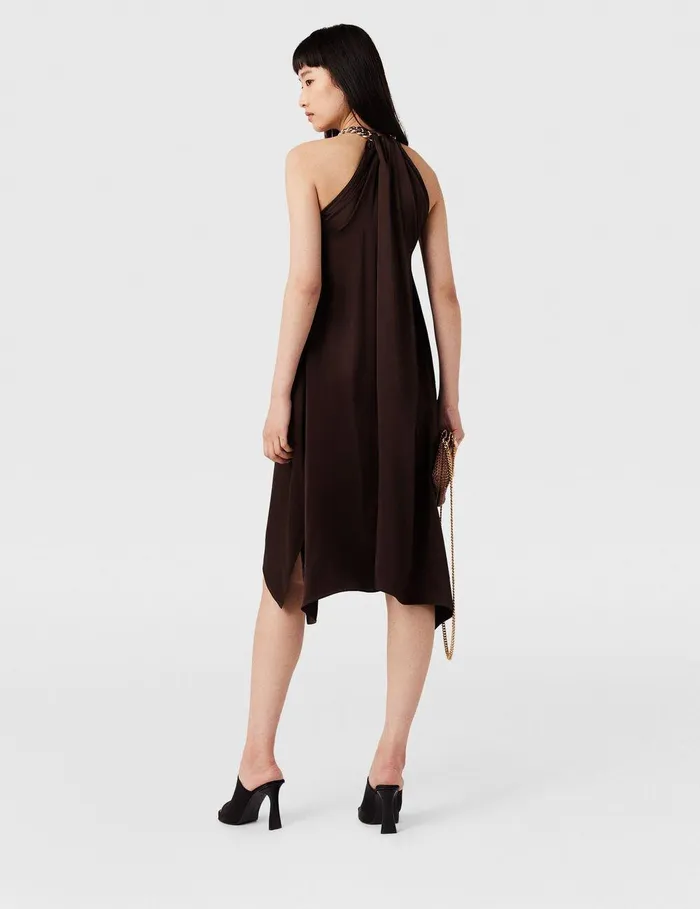 Stella McCartney Dresses Women Chain Halterneck Satin Midi Dress Chocolate Brown
