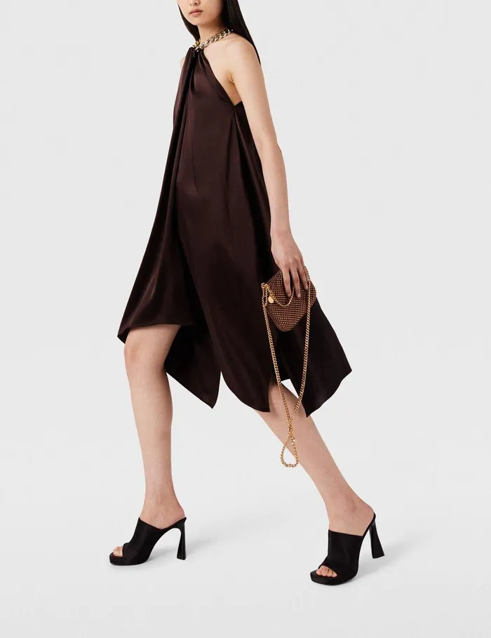 Stella McCartney Dresses Women Chain Halterneck Satin Midi Dress Chocolate Brown