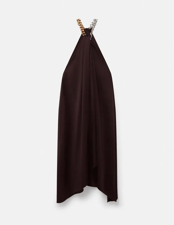Stella McCartney Dresses Women Chain Halterneck Satin Midi Dress Chocolate Brown
