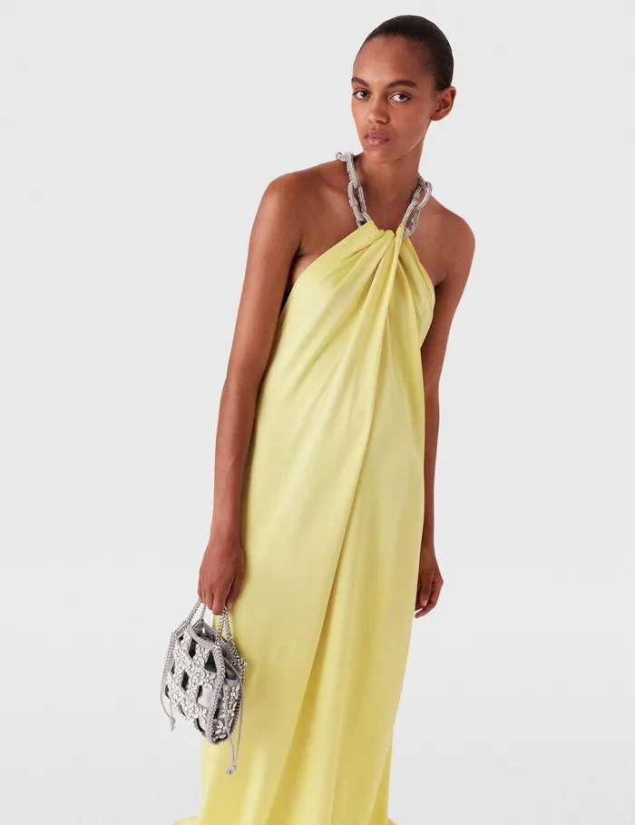 Stella McCartney Dresses Women Crystal Chain Halterneck Dress Chamomile Stella McCartney Dresses Women Crystal Chain Halterneck Dress Chamomile