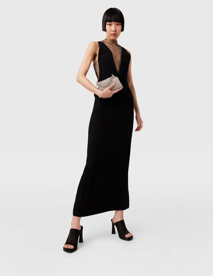 Stella McCartney Dresses Women Crystal Mesh Deep V Midi Dress Midnight Black