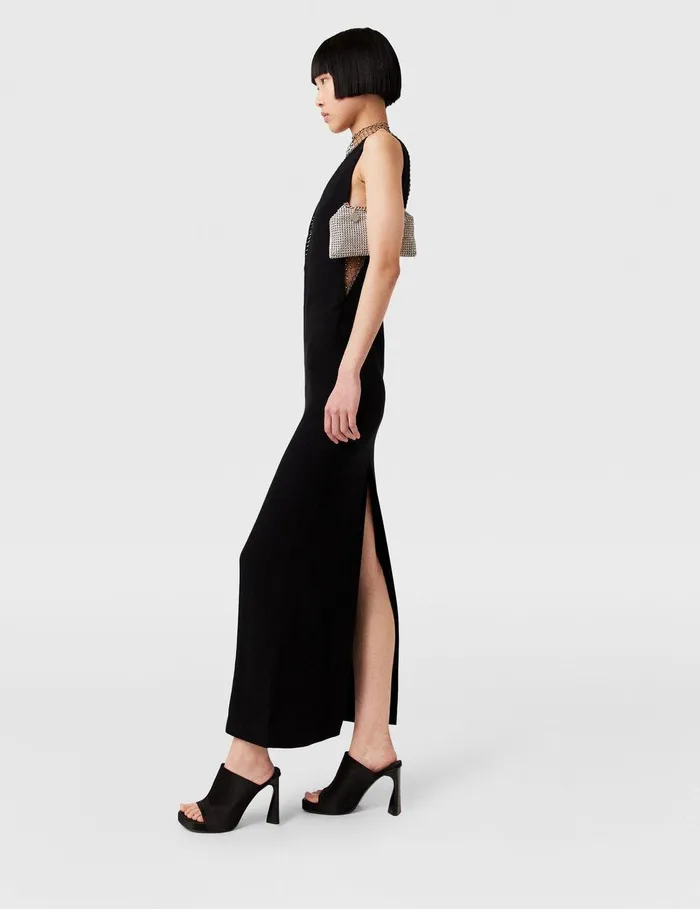 Stella McCartney Dresses Women Crystal Mesh Deep V Midi Dress Midnight Black