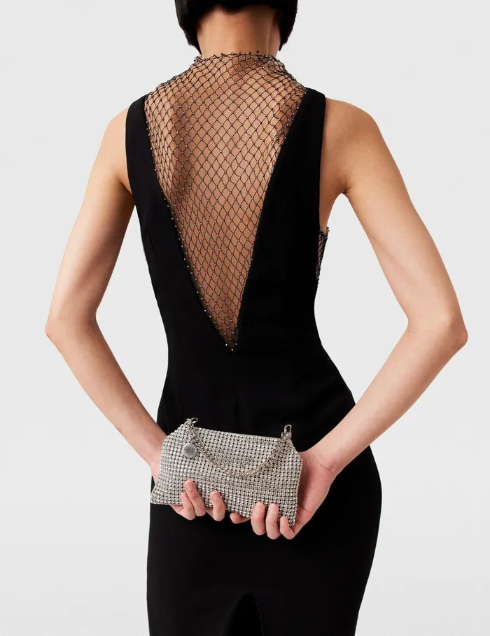 Stella McCartney Dresses Women Crystal Mesh Deep V Midi Dress Midnight Black