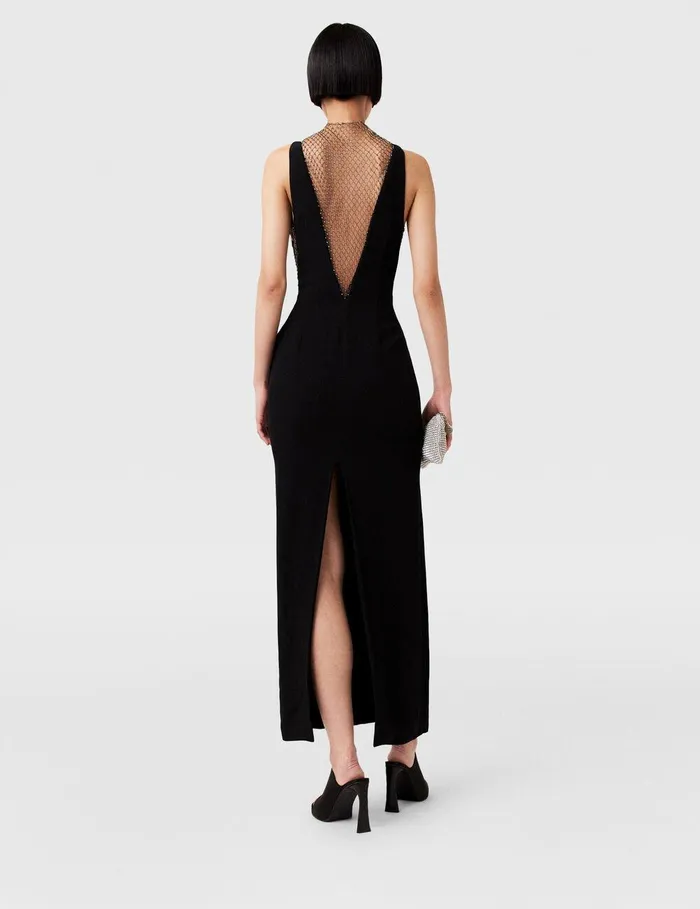 Stella McCartney Dresses Women Crystal Mesh Deep V Midi Dress Midnight Black