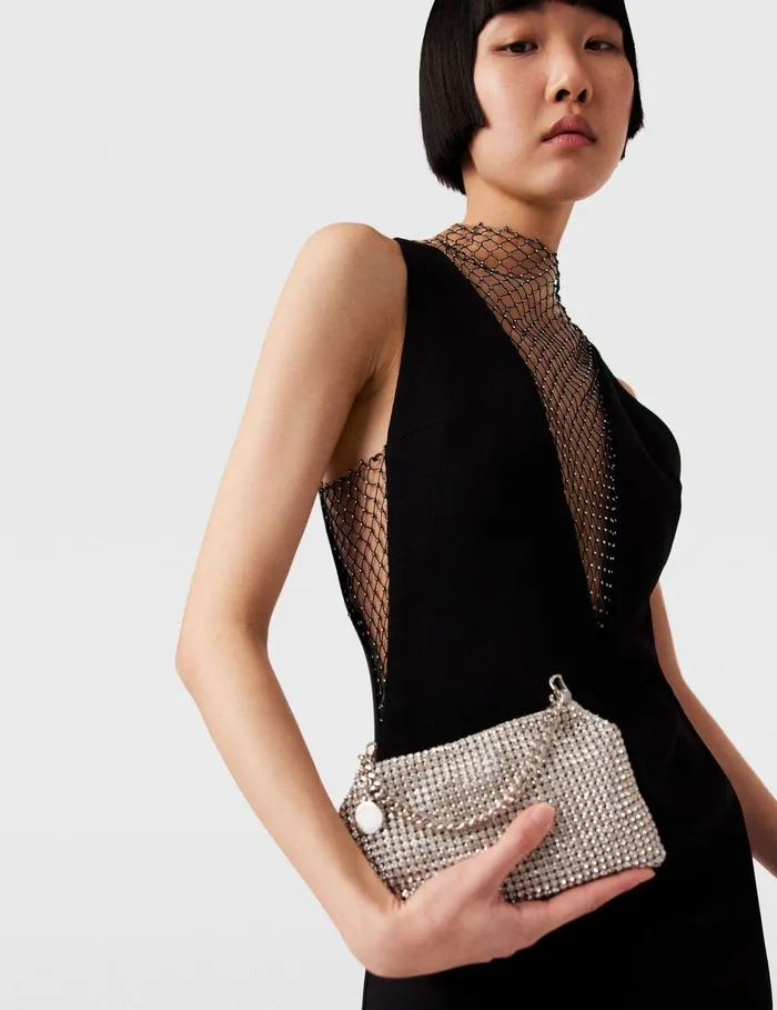 Stella McCartney Dresses Women Crystal Mesh Deep V Midi Dress Midnight Black