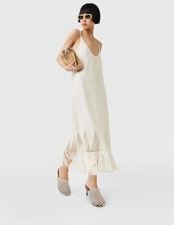 Stella McCartney Dresses Women OpenKnit Fringe Midi Dress Cream Stella McCartney Dresses Women OpenKnit Fringe Midi Dress Cream