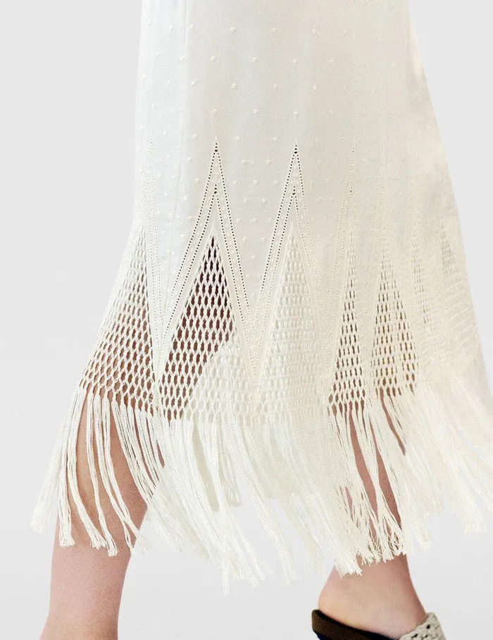 Stella McCartney Dresses Women OpenKnit Fringe Midi Dress Cream Stella McCartney Dresses Women OpenKnit Fringe Midi Dress Cream