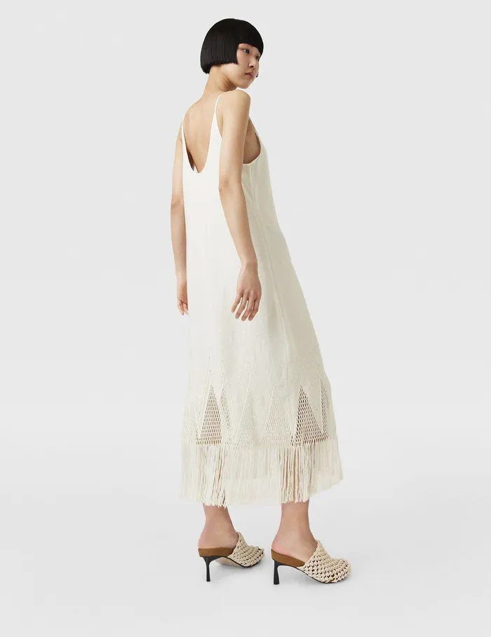 Stella McCartney Dresses Women OpenKnit Fringe Midi Dress Cream Stella McCartney Dresses Women OpenKnit Fringe Midi Dress Cream