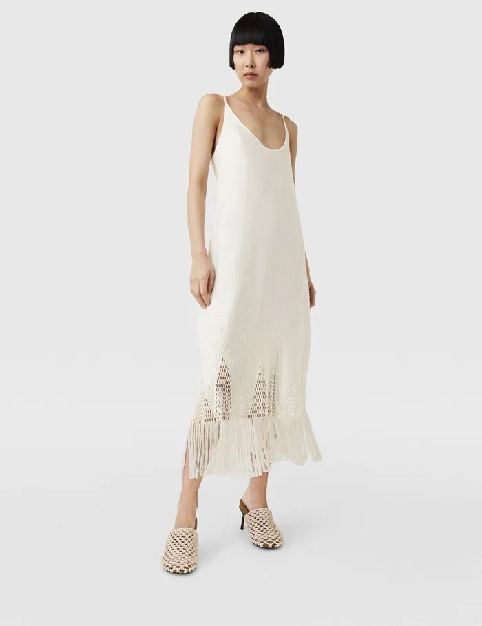 Stella McCartney Dresses Women OpenKnit Fringe Midi Dress Cream Stella McCartney Dresses Women OpenKnit Fringe Midi Dress Cream