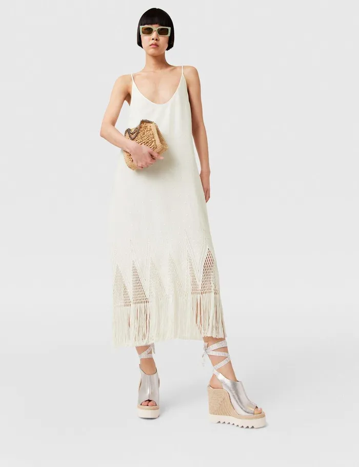 Stella McCartney Dresses Women OpenKnit Fringe Midi Dress Cream Stella McCartney Dresses Women OpenKnit Fringe Midi Dress Cream