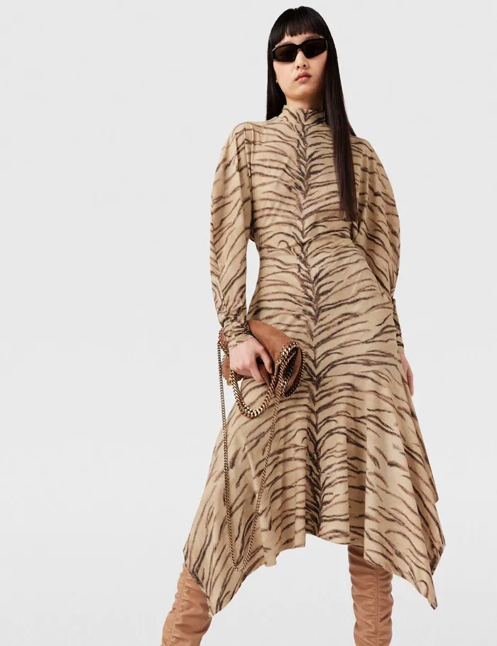 Stella McCartney Dresses Women Tiger Print Puff Sleeve Midi Dress Natural Tiger Print