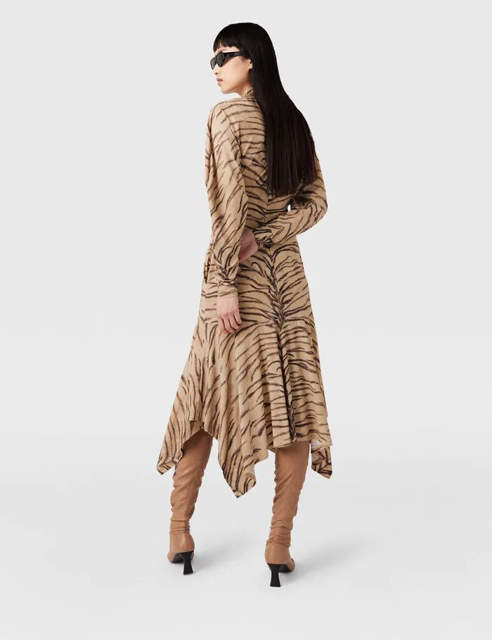 Stella McCartney Dresses Women Tiger Print Puff Sleeve Midi Dress Natural Tiger Print