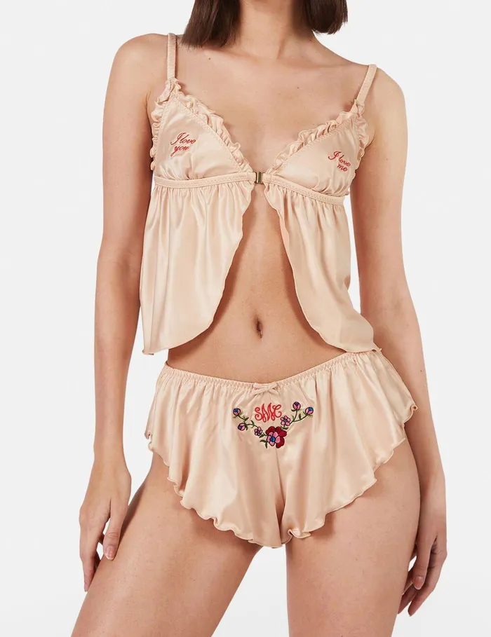 Stella McCartney Lingerie And Sleepwear Women 039Love You039 Embroidery Satin Flounce Sleep Shorts Champagne