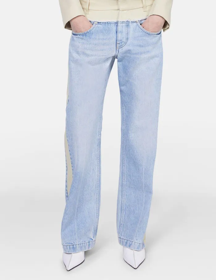 Stella McCartney Pants And Shorts Women TwoTone Panelled Straight Leg Jeans Blueecru Stella McCartney Pants And Shorts Women TwoTone Panelled Straight Leg Jeans Blueecru